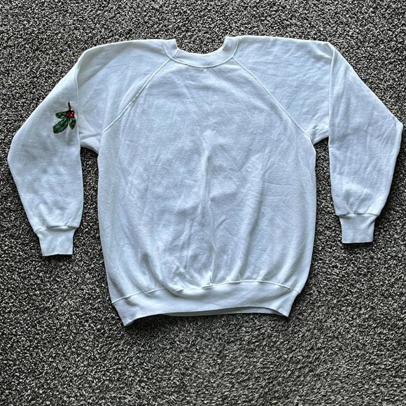 Vintage Hanes Sweater Womens XL White w/Cardinal & Christmas Tree 80s Winter - Picture 5 of 8